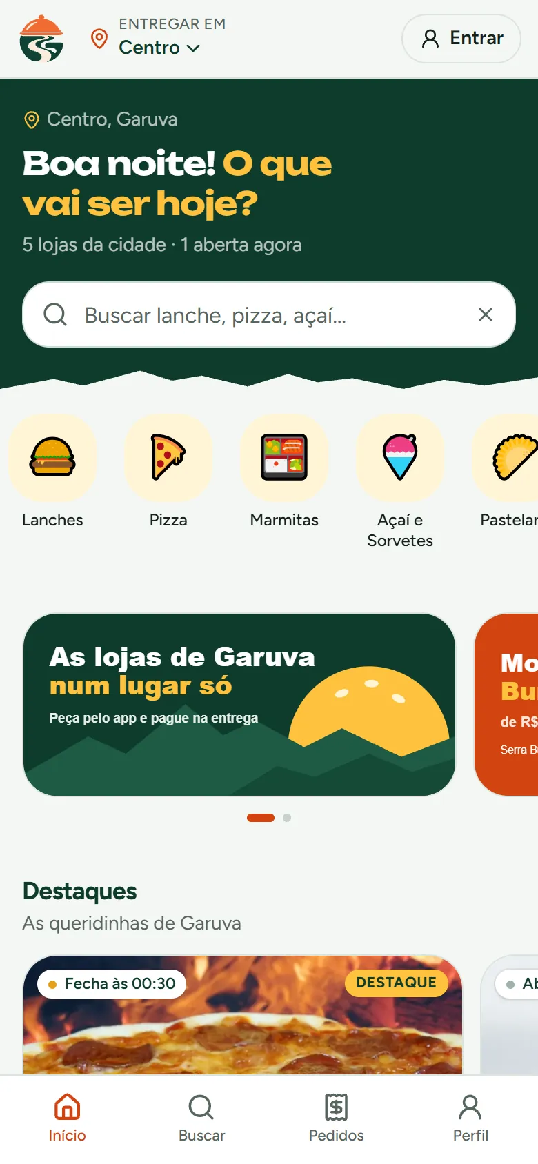 Tela inicial do app do cliente com busca, categorias e lojas em destaque