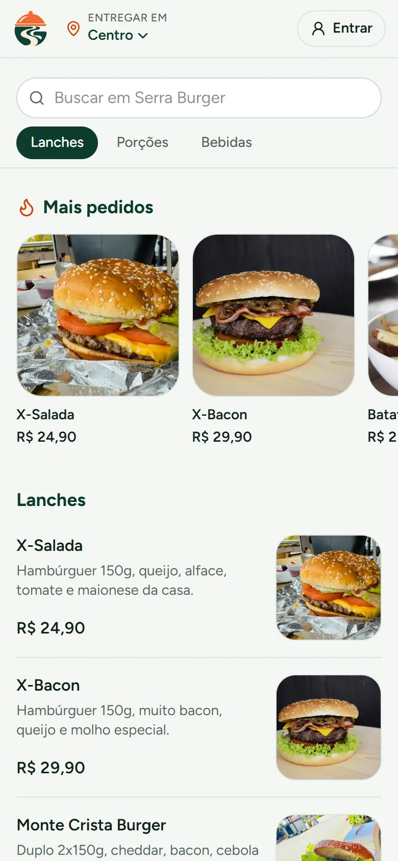 Página de uma loja no app do cliente com os mais pedidos e a lista de lanches com fotos